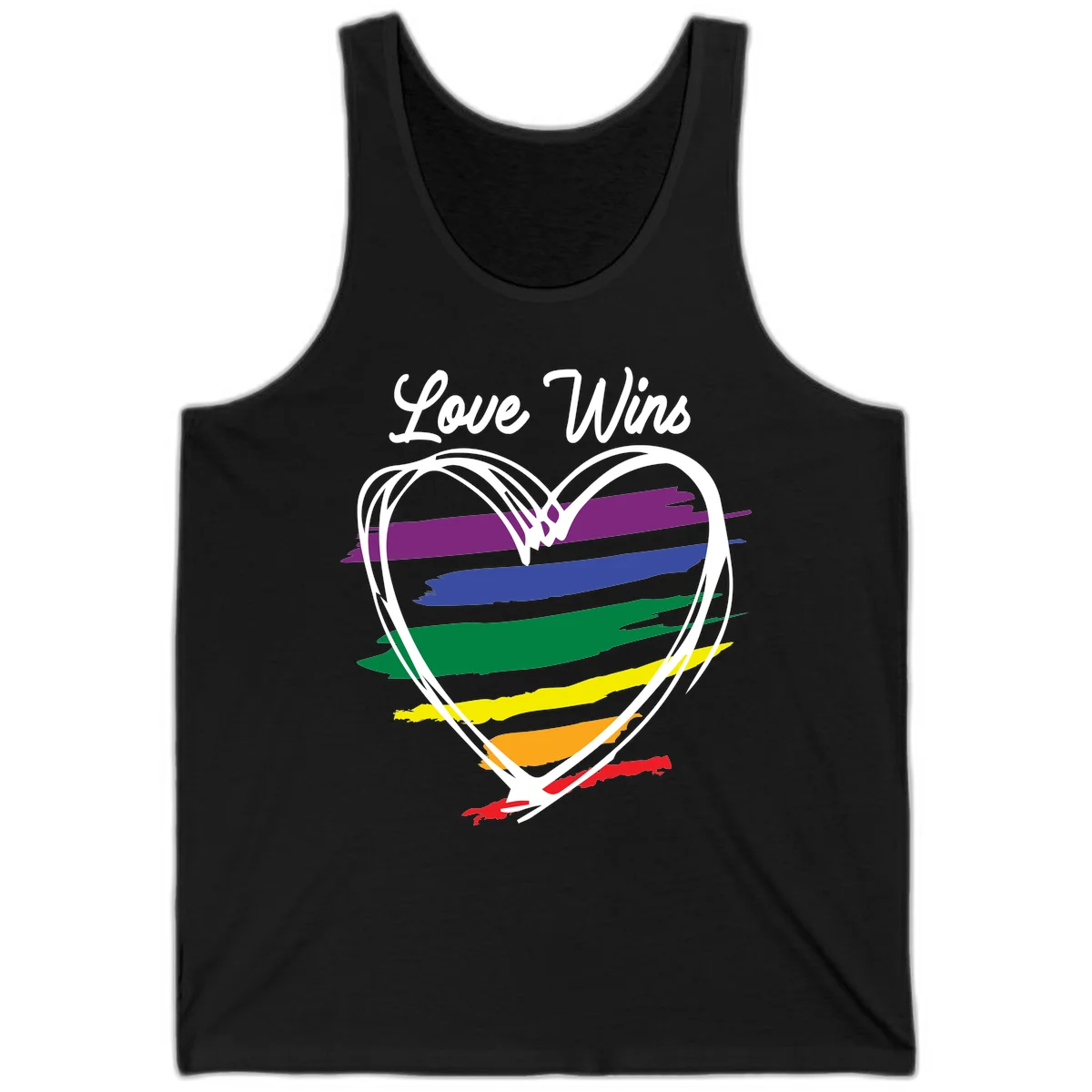 Hand-drawn white heart outline filled with rainbow horizontal stripes in purple, blue, green, yellow, orange, and red with 'Love Wins' text above in Black