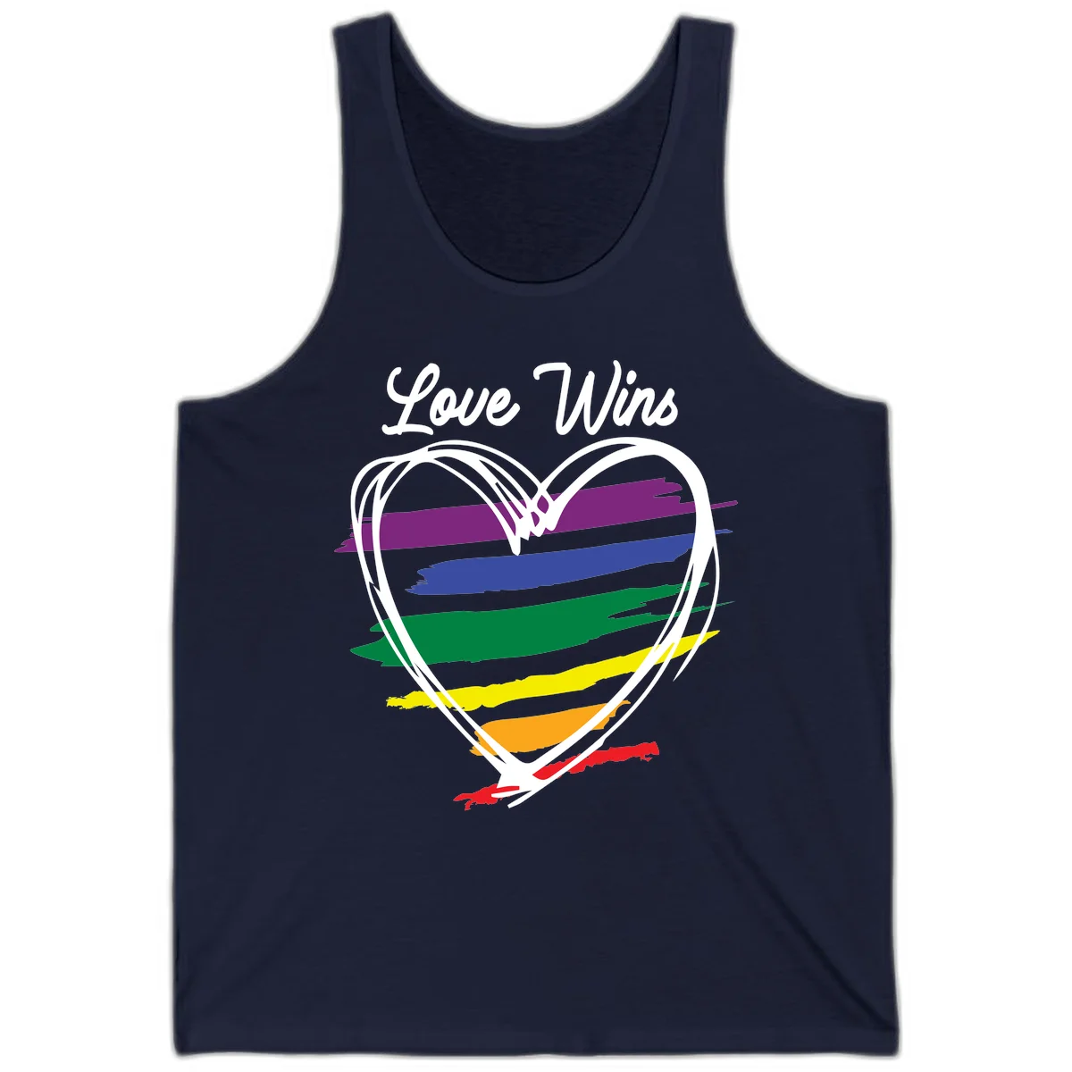 Hand-drawn white heart outline filled with rainbow horizontal stripes in purple, blue, green, yellow, orange, and red with 'Love Wins' text above in Navy