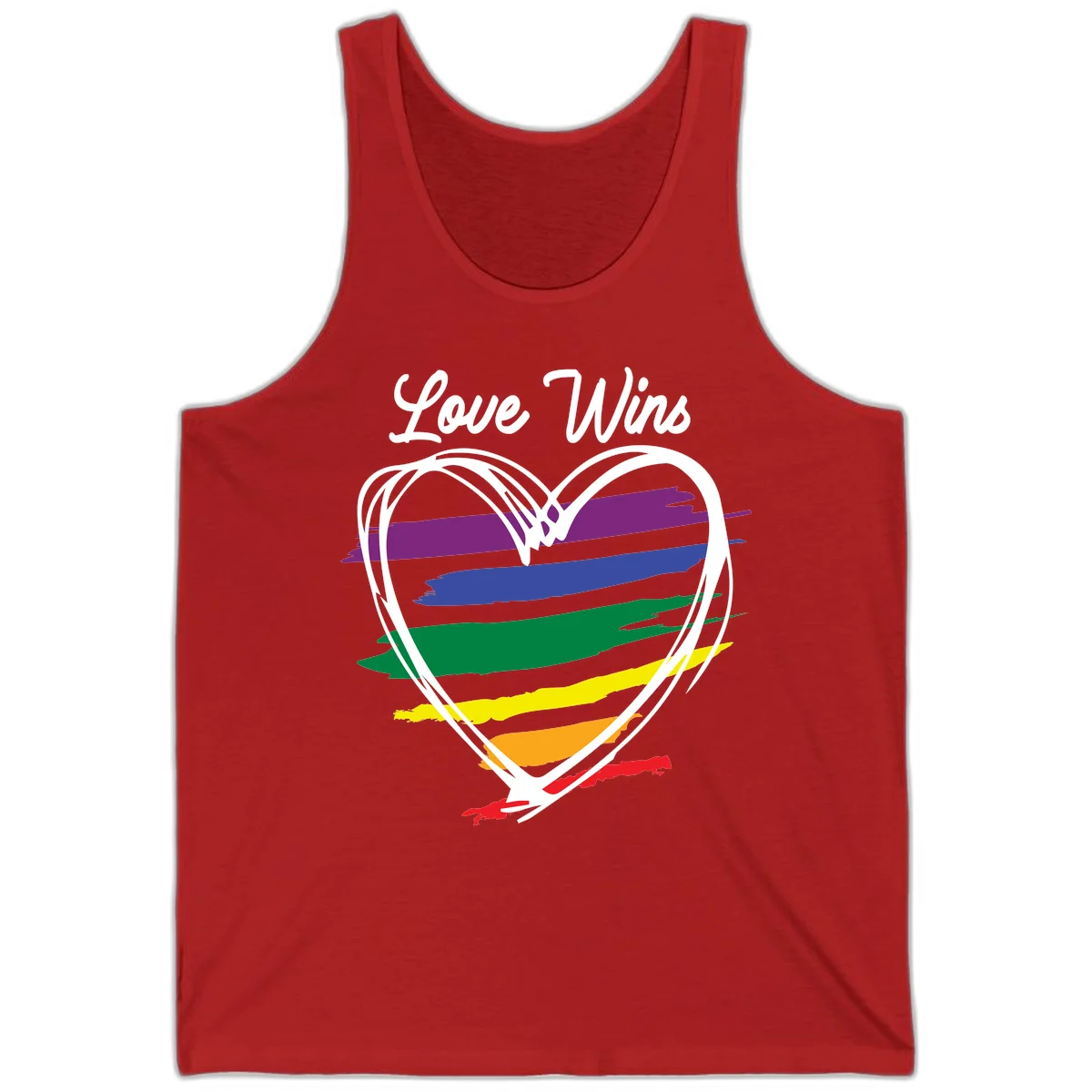 Hand-drawn white heart outline filled with rainbow horizontal stripes in purple, blue, green, yellow, orange, and red with 'Love Wins' text above in Red