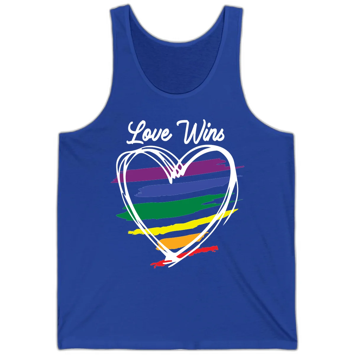 Hand-drawn white heart outline filled with rainbow horizontal stripes in purple, blue, green, yellow, orange, and red with 'Love Wins' text above in True Royal