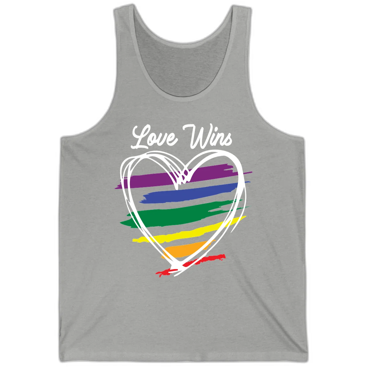 Hand-drawn white heart outline filled with rainbow horizontal stripes in purple, blue, green, yellow, orange, and red with 'Love Wins' text above in Athletic Heather