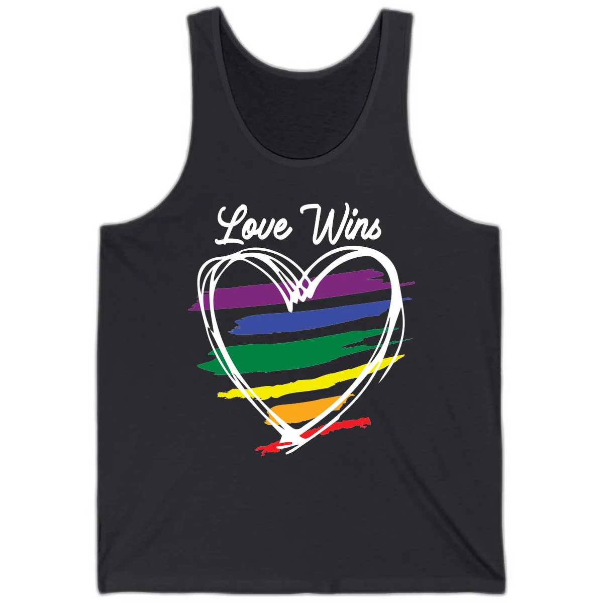 Hand-drawn white heart outline filled with rainbow horizontal stripes in purple, blue, green, yellow, orange, and red with 'Love Wins' text above in Dark Grey