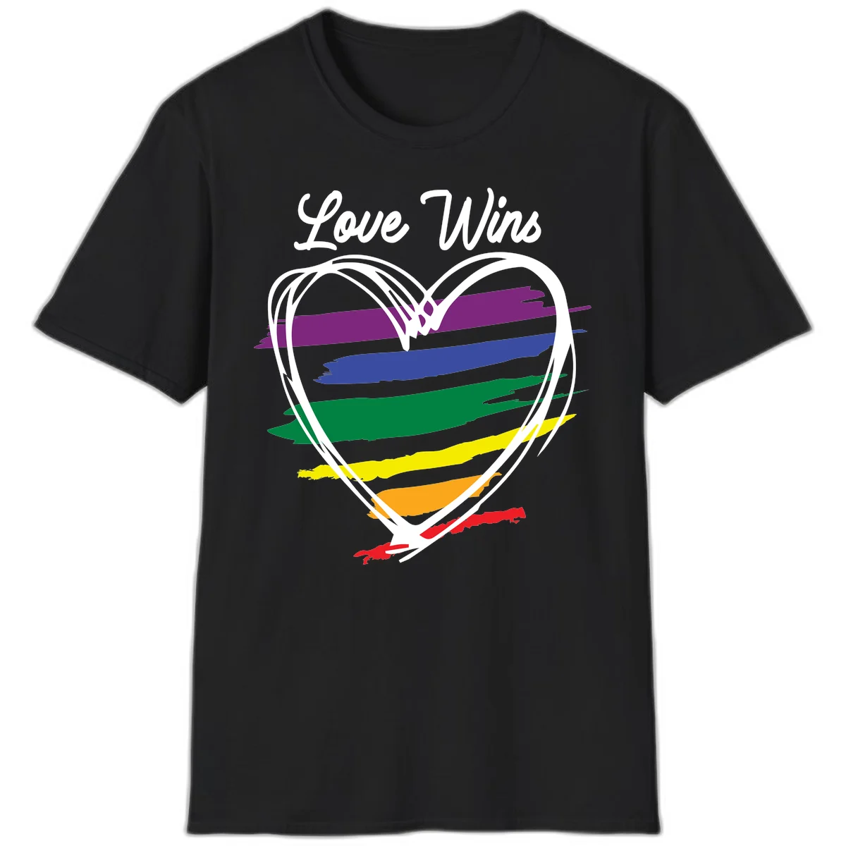 Hand-drawn white heart outline filled with rainbow horizontal stripes in purple, blue, green, yellow, orange, and red with 'Love Wins' text above in Black