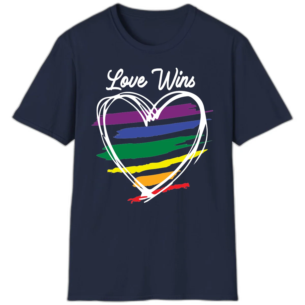 Hand-drawn white heart outline filled with rainbow horizontal stripes in purple, blue, green, yellow, orange, and red with 'Love Wins' text above in Navy