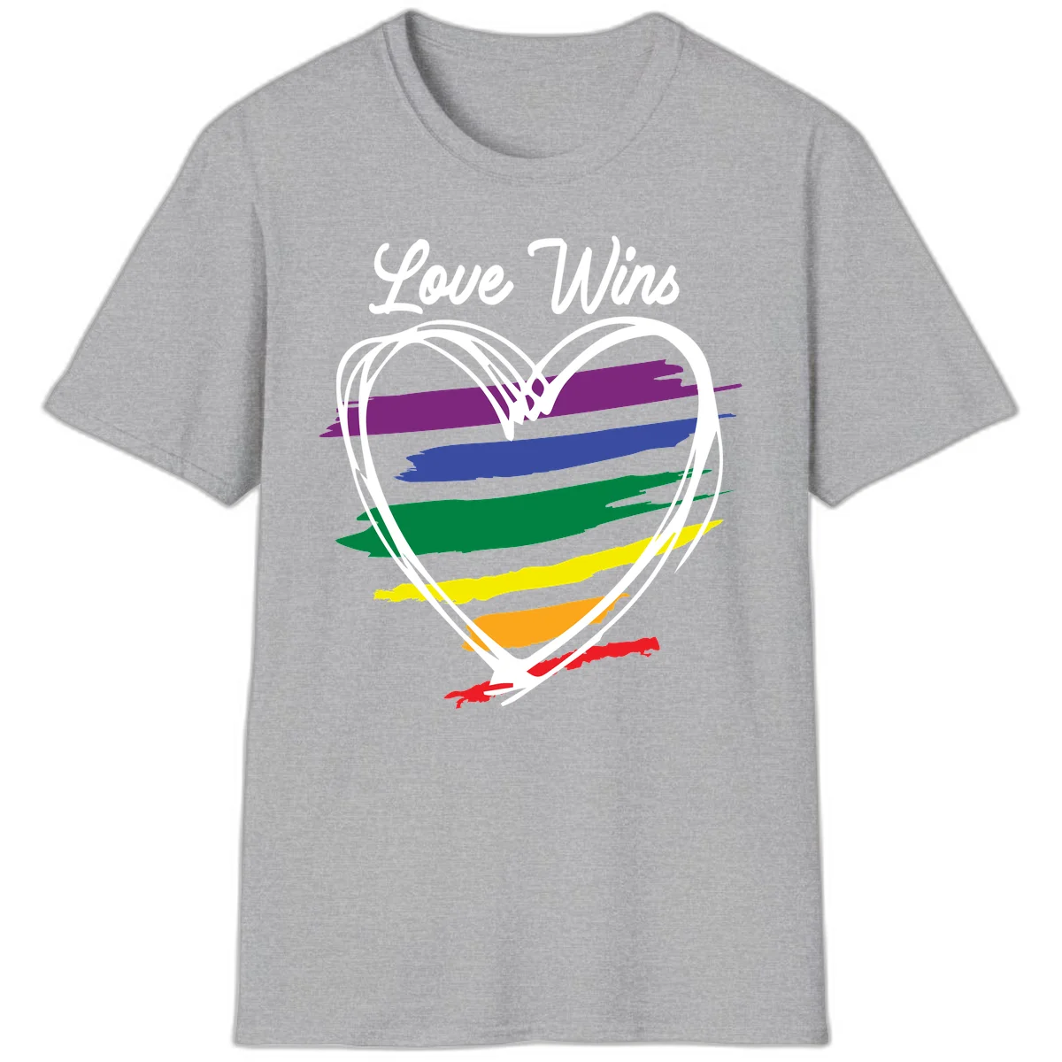 Hand-drawn white heart outline filled with rainbow horizontal stripes in purple, blue, green, yellow, orange, and red with 'Love Wins' text above in Sport Grey