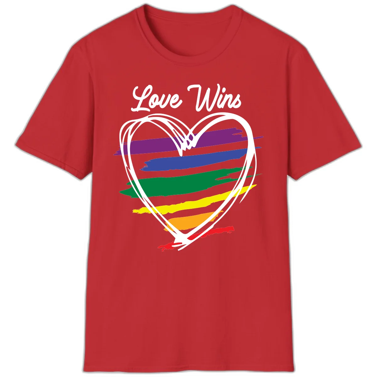Hand-drawn white heart outline filled with rainbow horizontal stripes in purple, blue, green, yellow, orange, and red with 'Love Wins' text above in Red