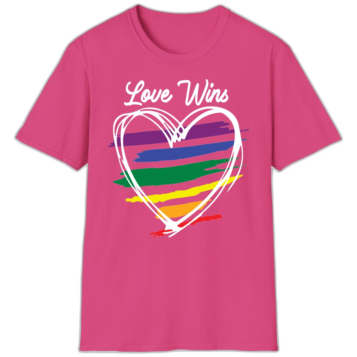 Hand-drawn white heart outline filled with rainbow horizontal stripes in purple, blue, green, yellow, orange, and red with 'Love Wins' text above in Heliconia
