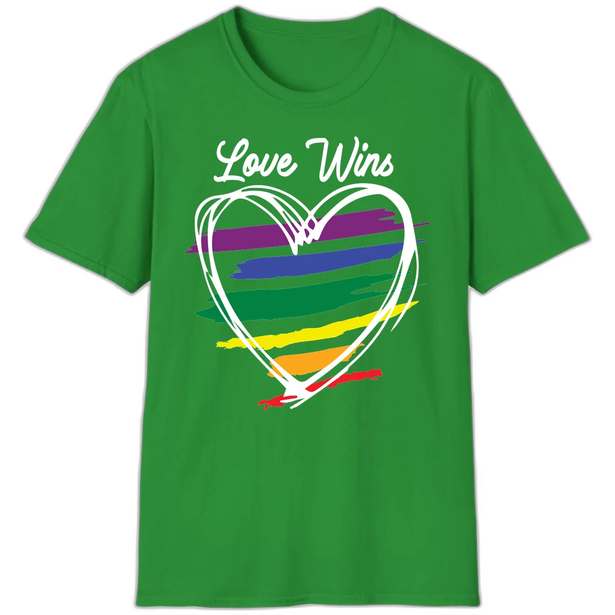Hand-drawn white heart outline filled with rainbow horizontal stripes in purple, blue, green, yellow, orange, and red with 'Love Wins' text above in Irish Green