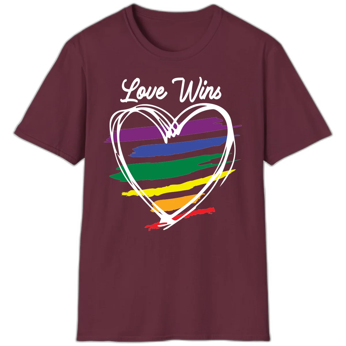 Hand-drawn white heart outline filled with rainbow horizontal stripes in purple, blue, green, yellow, orange, and red with 'Love Wins' text above in Maroon