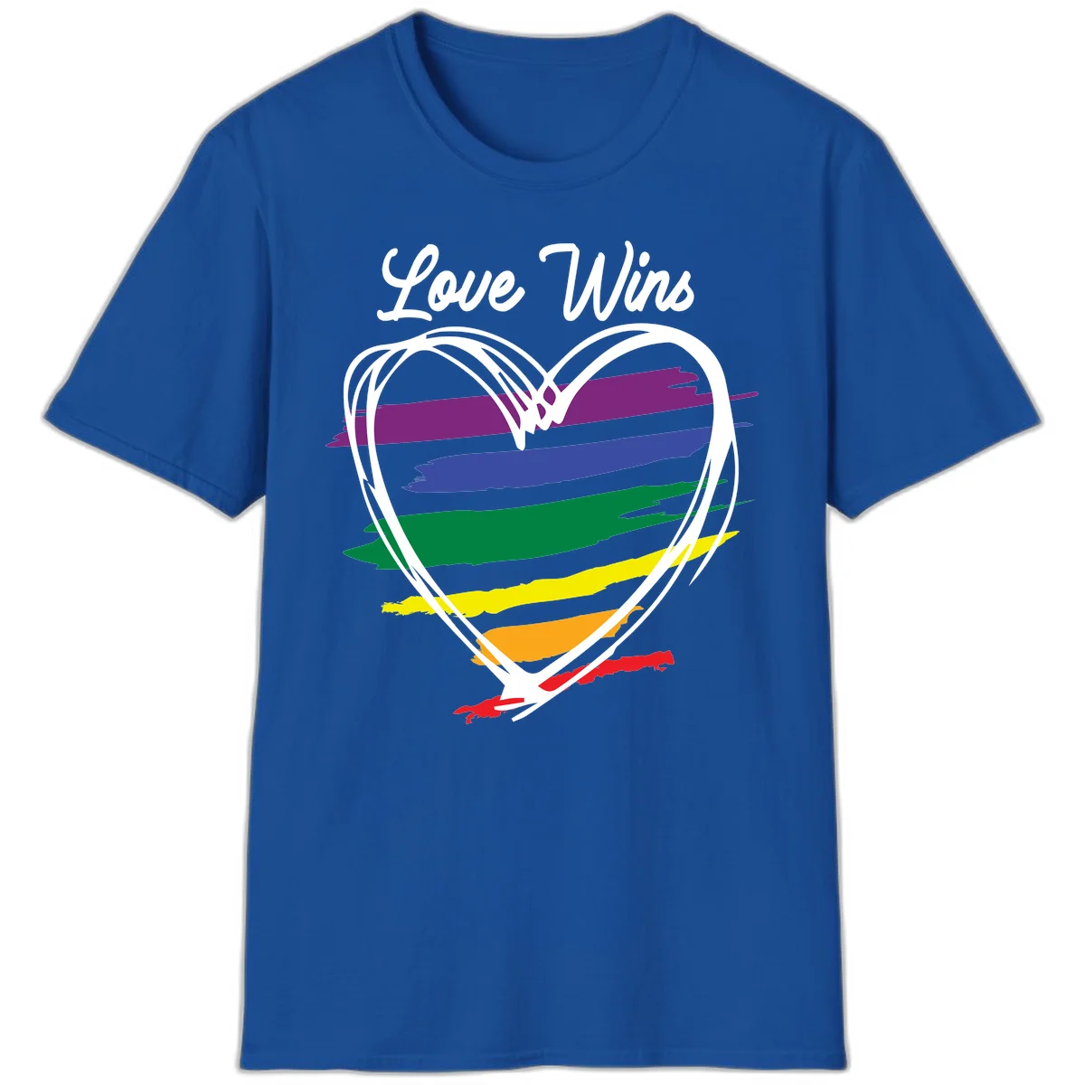 Hand-drawn white heart outline filled with rainbow horizontal stripes in purple, blue, green, yellow, orange, and red with 'Love Wins' text above in Royal
