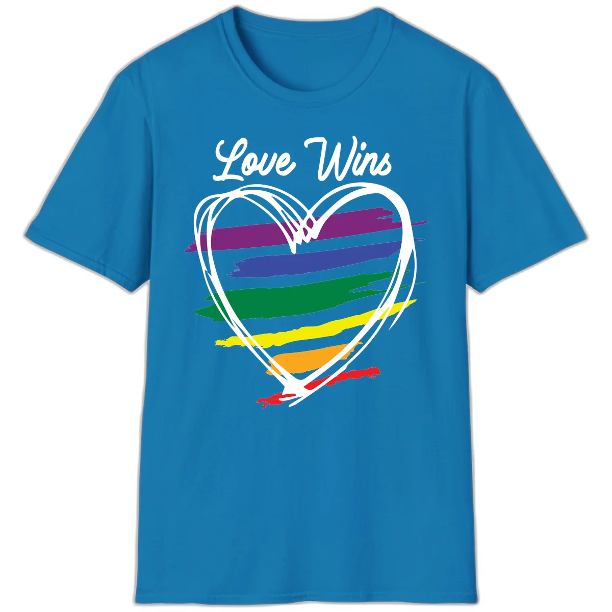 Hand-drawn white heart outline filled with rainbow horizontal stripes in purple, blue, green, yellow, orange, and red with 'Love Wins' text above in Sapphire