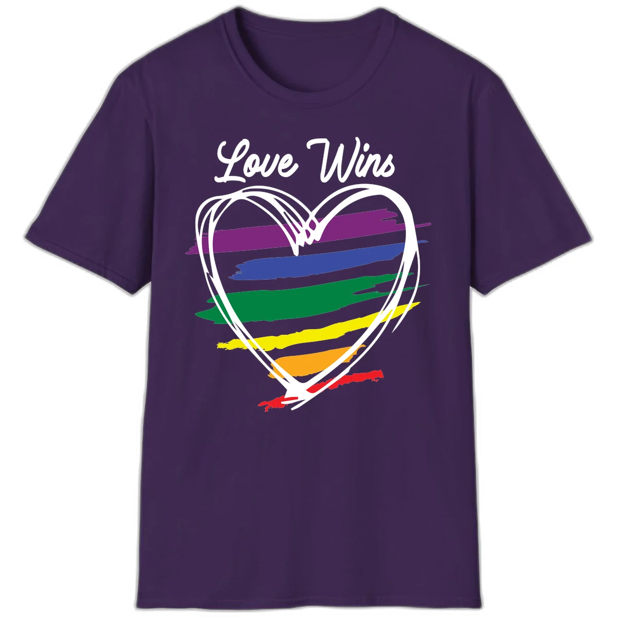 Hand-drawn white heart outline filled with rainbow horizontal stripes in purple, blue, green, yellow, orange, and red with 'Love Wins' text above in Purple