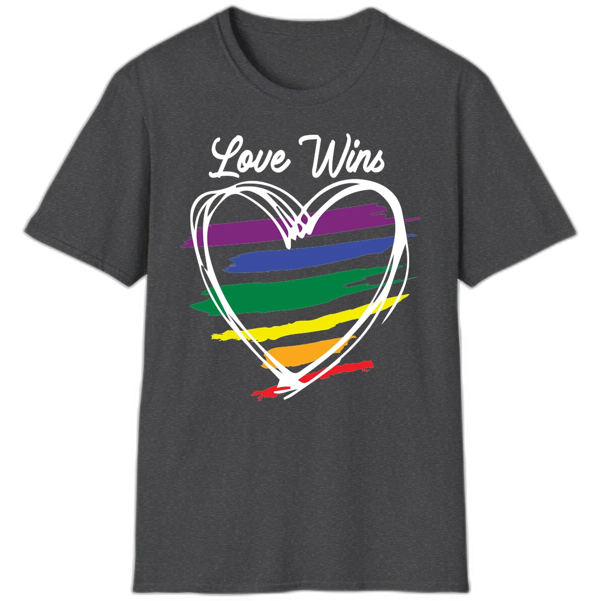 Hand-drawn white heart outline filled with rainbow horizontal stripes in purple, blue, green, yellow, orange, and red with 'Love Wins' text above in Dark Heather