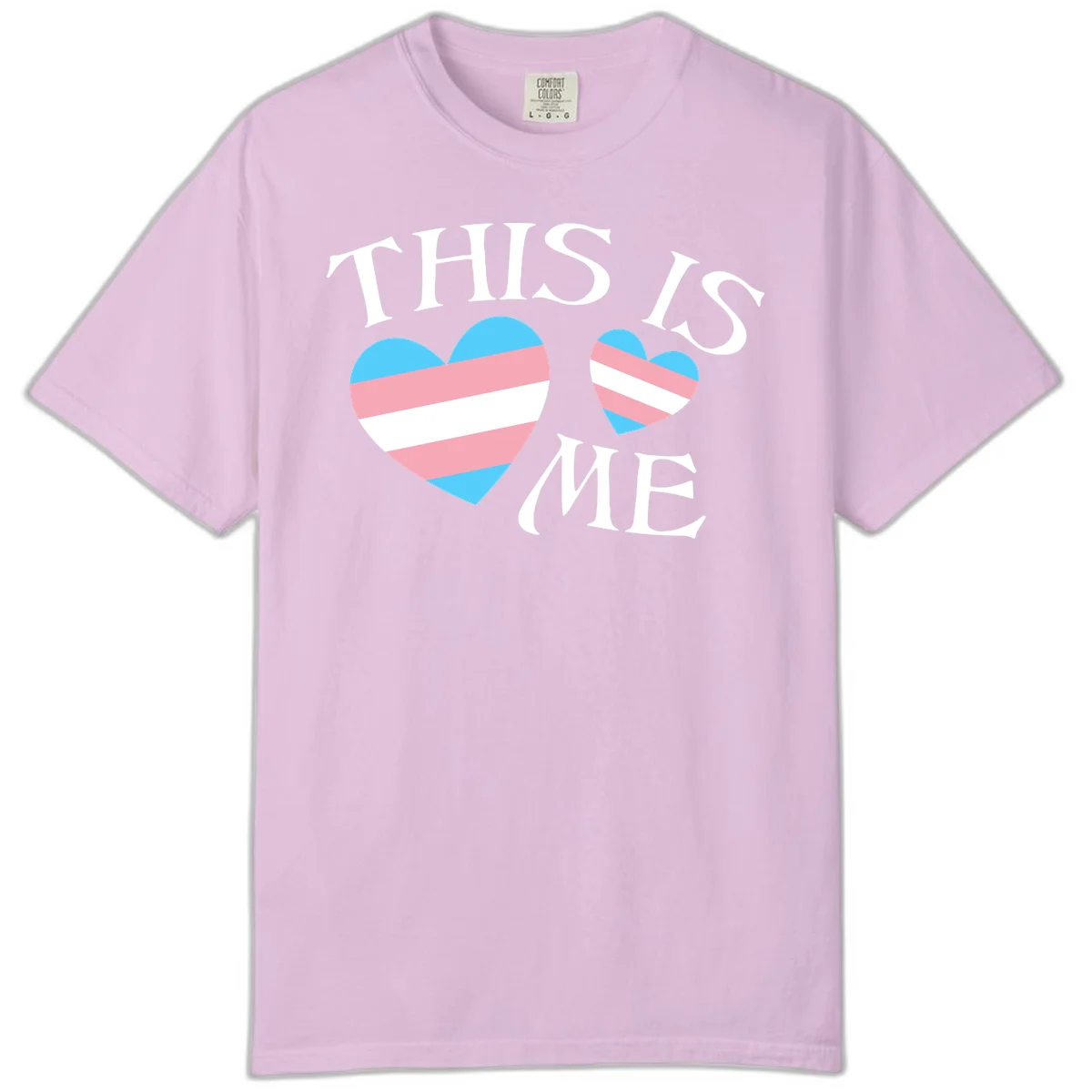 Two striped hearts in trans flag colors (blue, pink, white) with 'THIS IS ME' text celebrating trans pride and identity in Orchid
