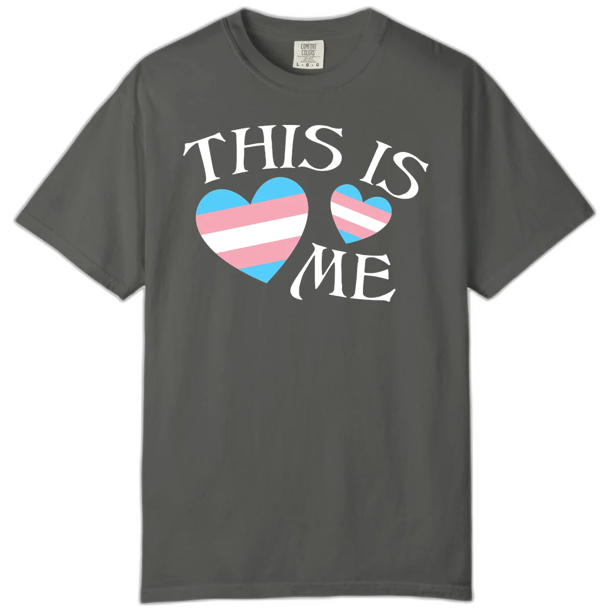 Two striped hearts in trans flag colors (blue, pink, white) with 'THIS IS ME' text celebrating trans pride and identity in Pepper