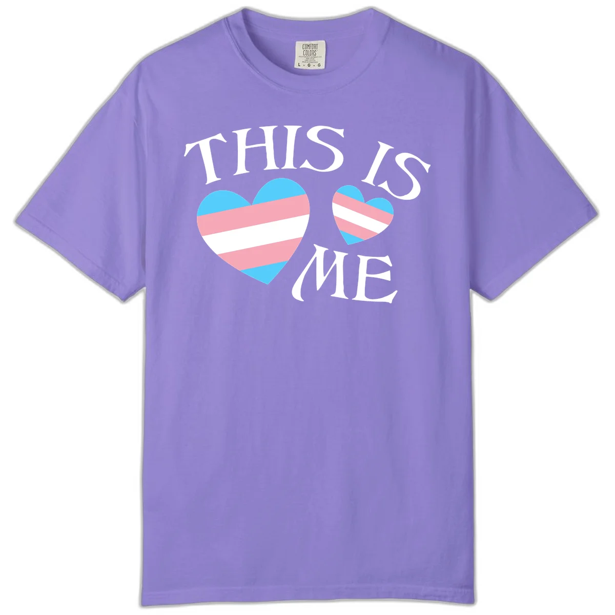 Two striped hearts in trans flag colors (blue, pink, white) with 'THIS IS ME' text celebrating trans pride and identity in Violet