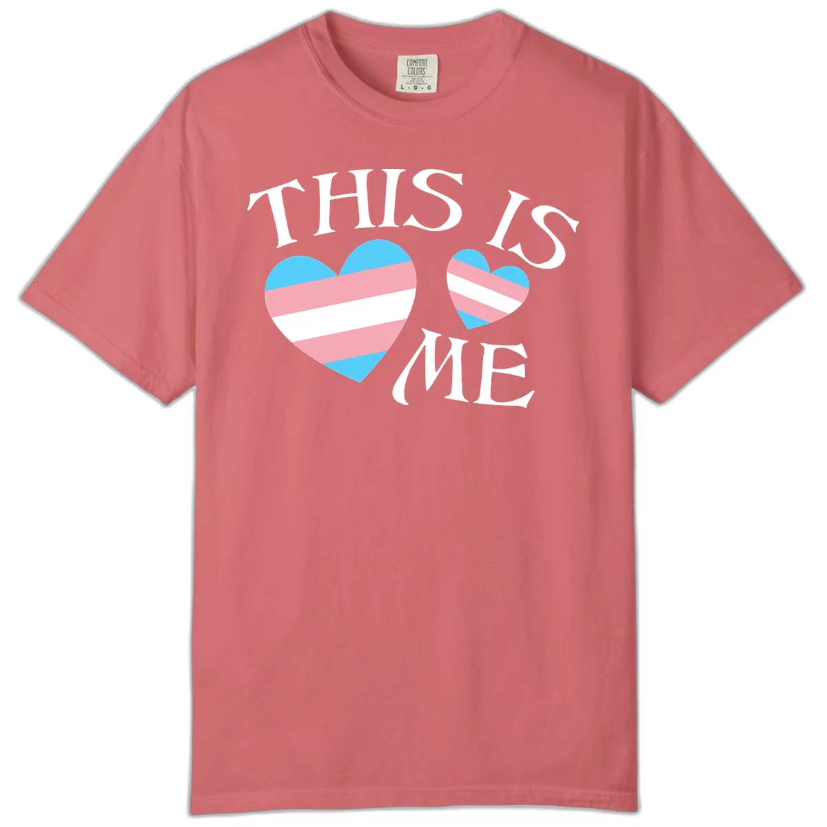 Two striped hearts in trans flag colors (blue, pink, white) with 'THIS IS ME' text celebrating trans pride and identity in Watermelon