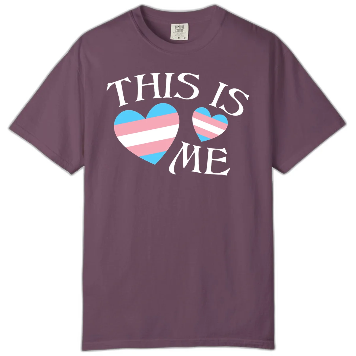 Two striped hearts in trans flag colors (blue, pink, white) with 'THIS IS ME' text celebrating trans pride and identity in Berry