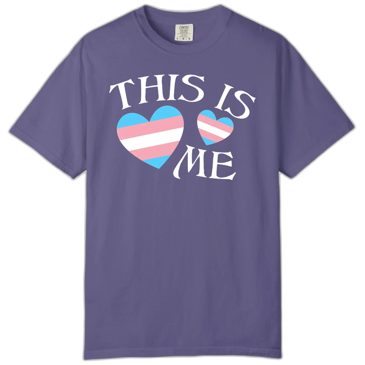 Two striped hearts in trans flag colors (blue, pink, white) with 'THIS IS ME' text celebrating trans pride and identity in Grape