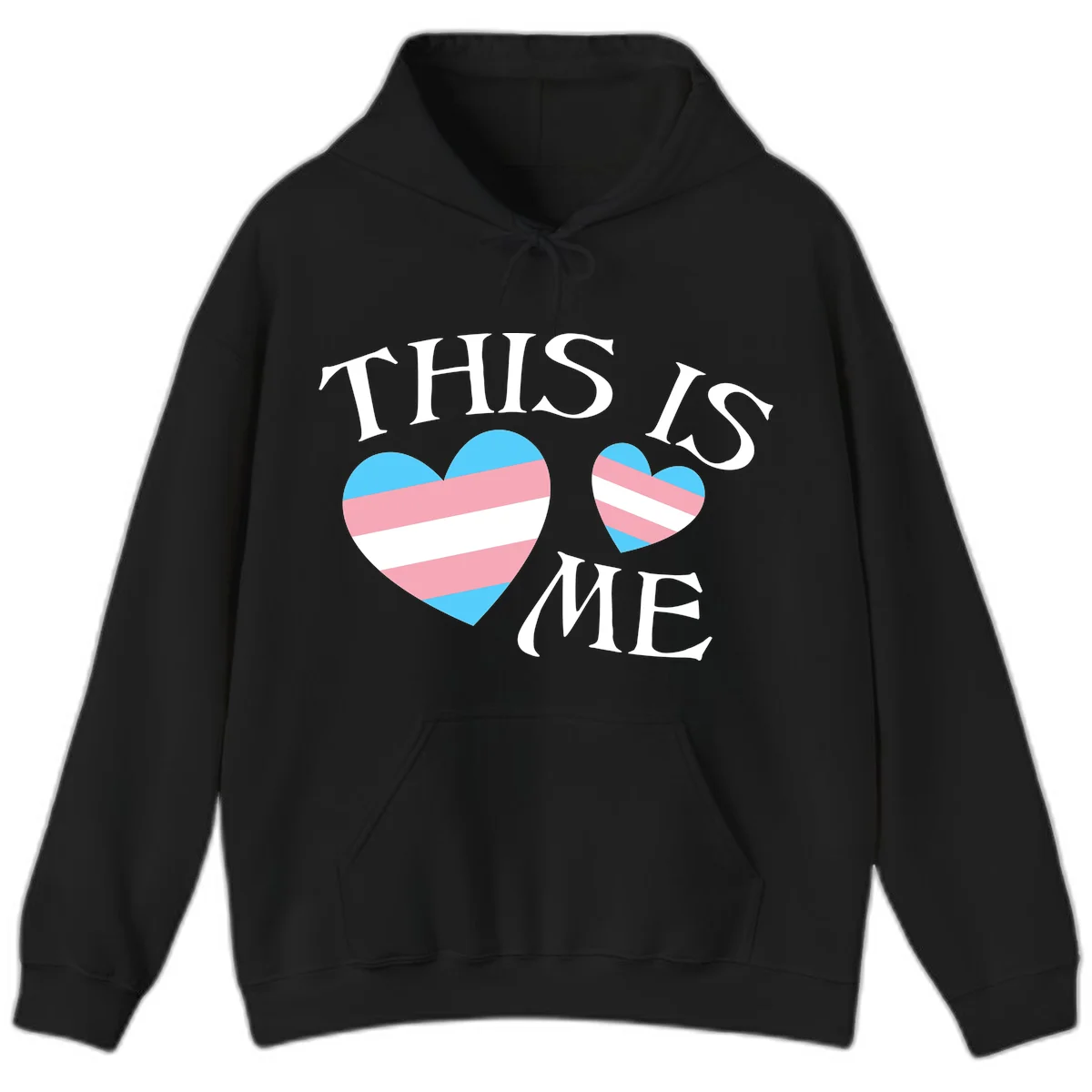 Two striped hearts in trans flag colors (blue, pink, white) with 'THIS IS ME' text celebrating trans pride and identity in Black