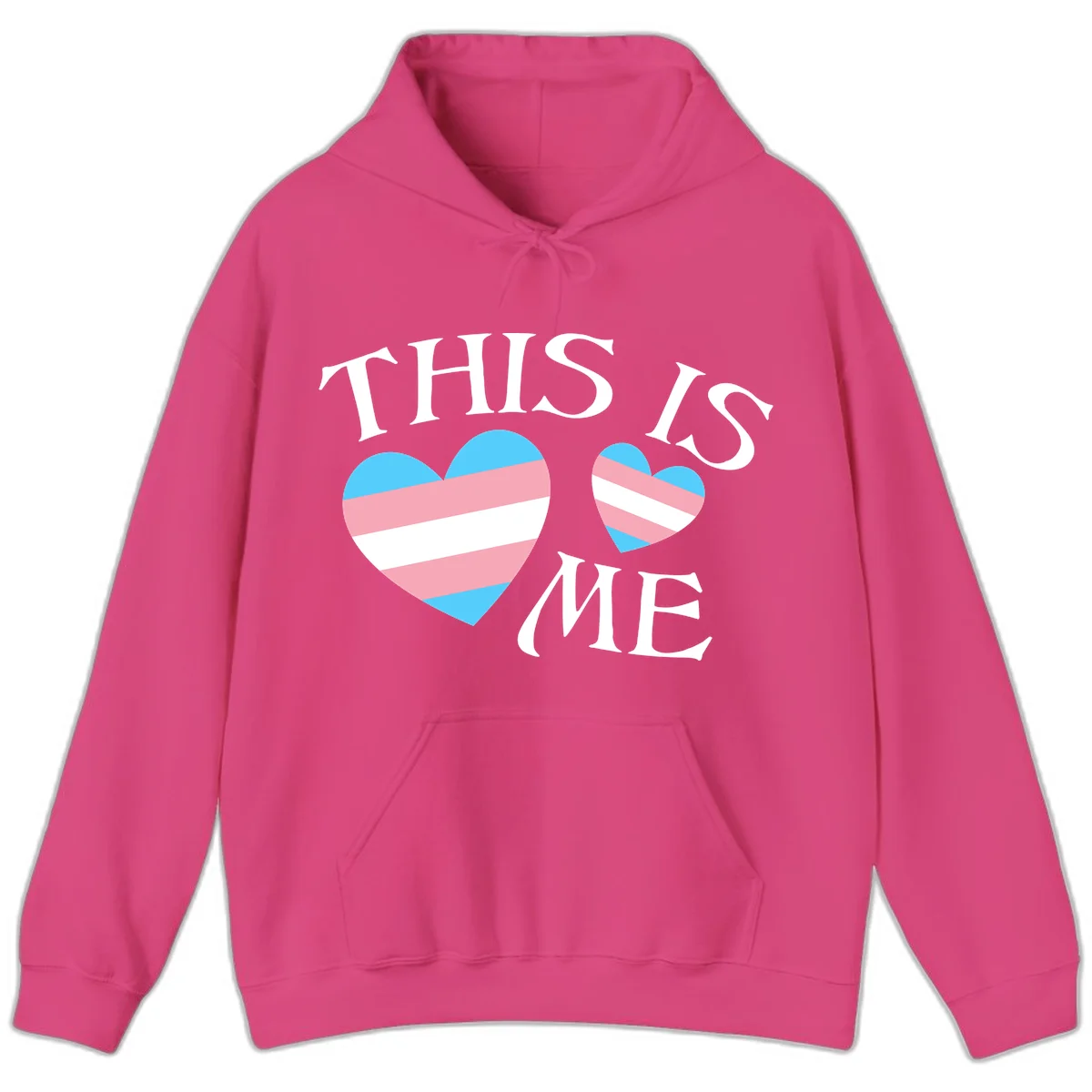 Two striped hearts in trans flag colors (blue, pink, white) with 'THIS IS ME' text celebrating trans pride and identity in Heliconia