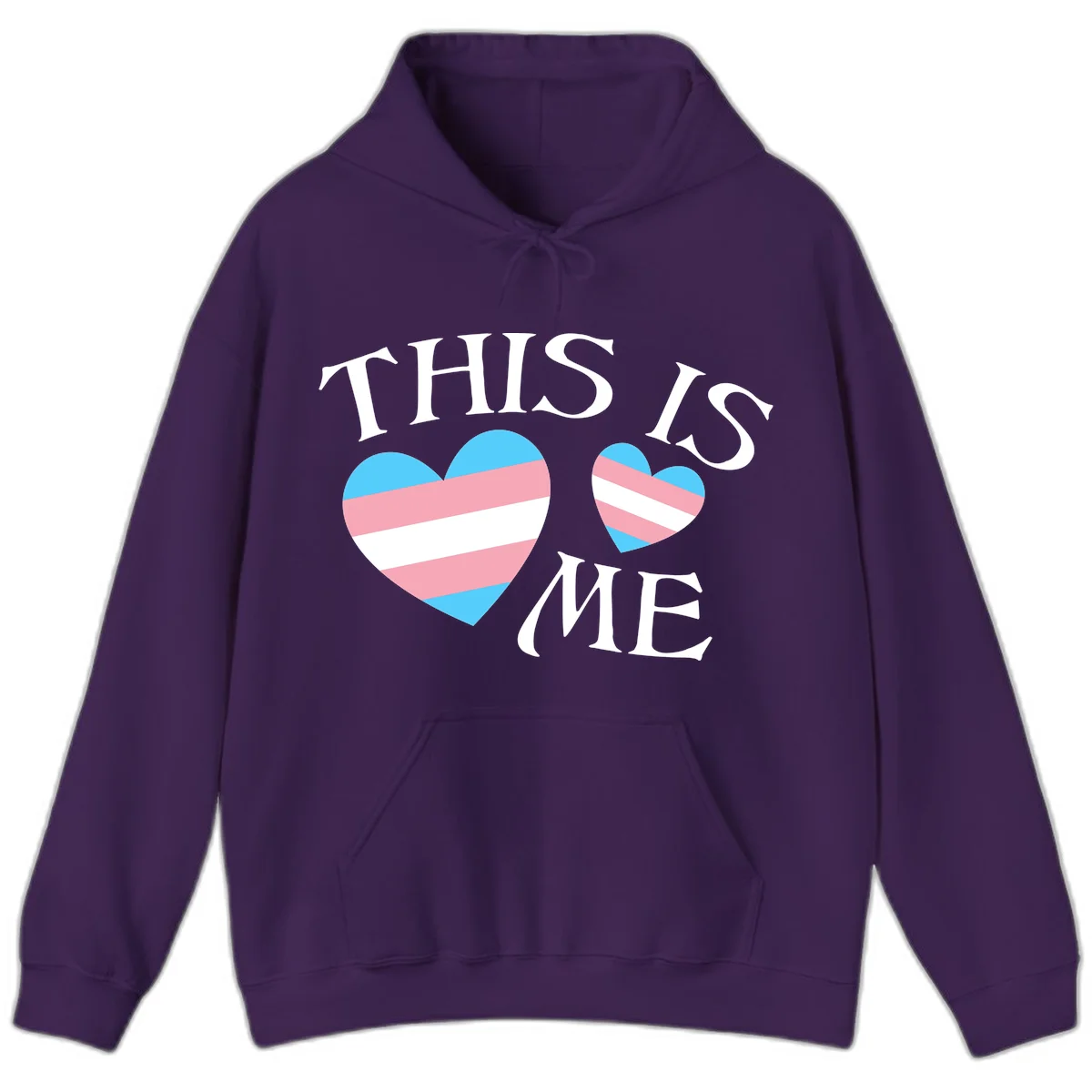 Two striped hearts in trans flag colors (blue, pink, white) with 'THIS IS ME' text celebrating trans pride and identity in Purple