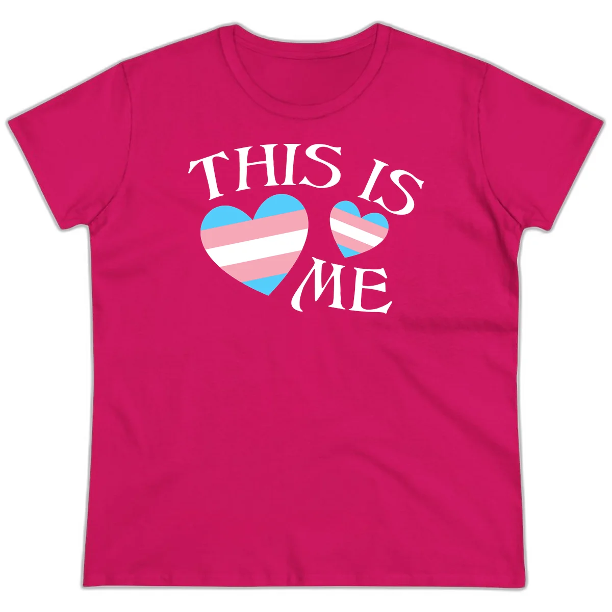 Two striped hearts in trans flag colors (blue, pink, white) with 'THIS IS ME' text celebrating trans pride and identity in Heliconia