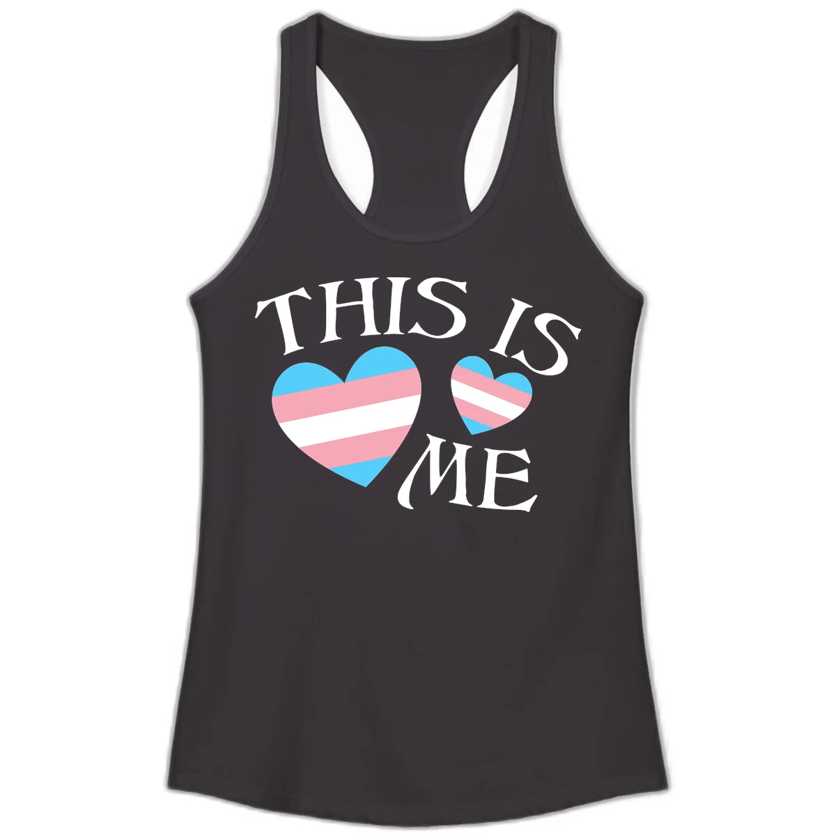 Two striped hearts in trans flag colors (blue, pink, white) with 'THIS IS ME' text celebrating trans pride and identity in Black