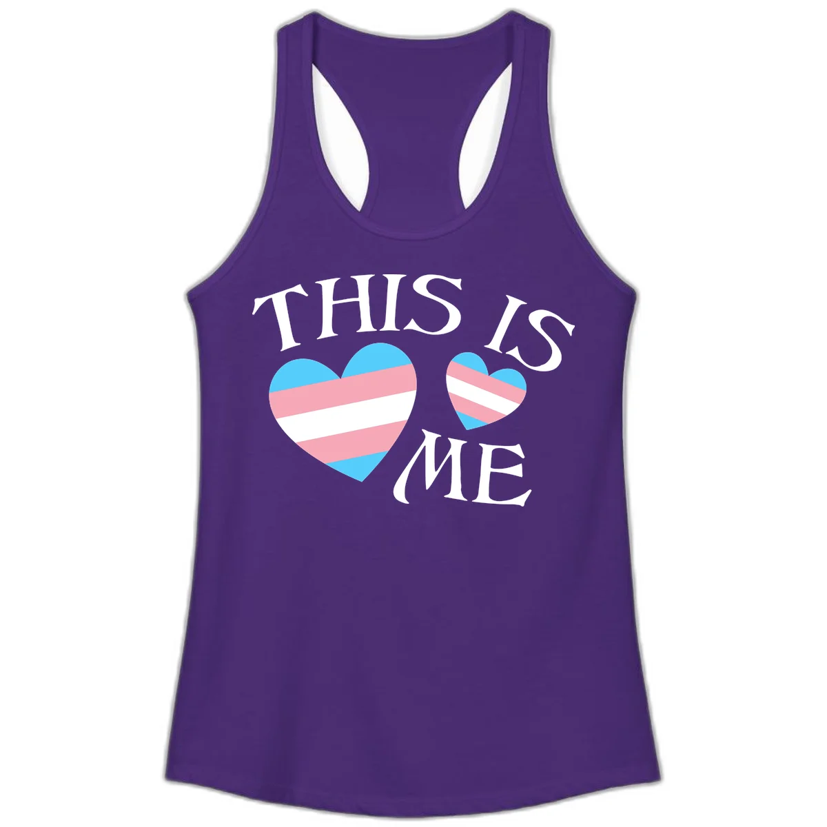 Two striped hearts in trans flag colors (blue, pink, white) with 'THIS IS ME' text celebrating trans pride and identity in Solid Purple Rush