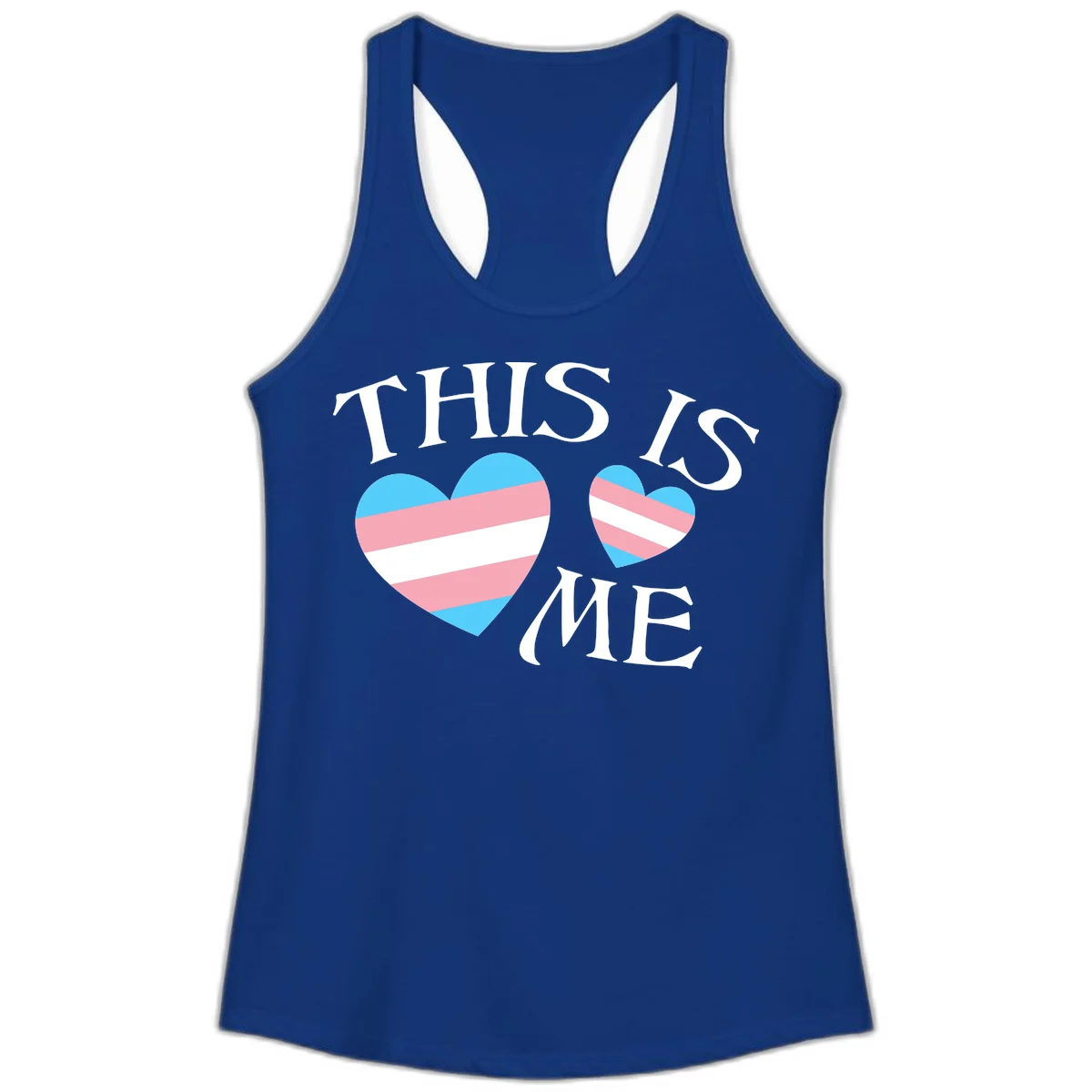 Two striped hearts in trans flag colors (blue, pink, white) with 'THIS IS ME' text celebrating trans pride and identity in Solid Royal