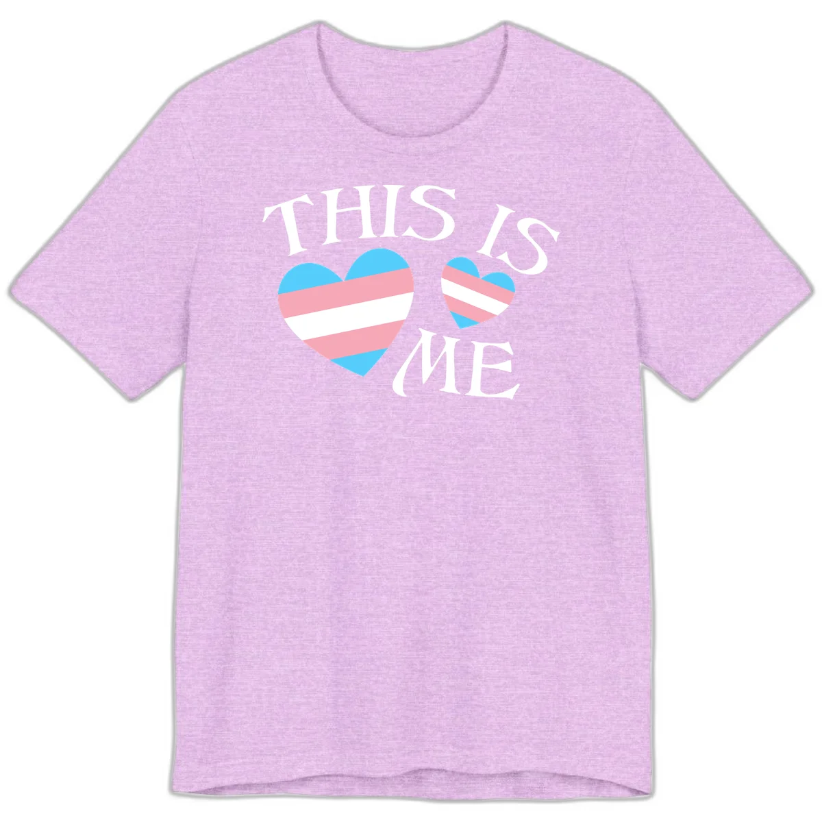 Two striped hearts in trans flag colors (blue, pink, white) with 'THIS IS ME' text celebrating trans pride and identity in Heather Prism Lilac