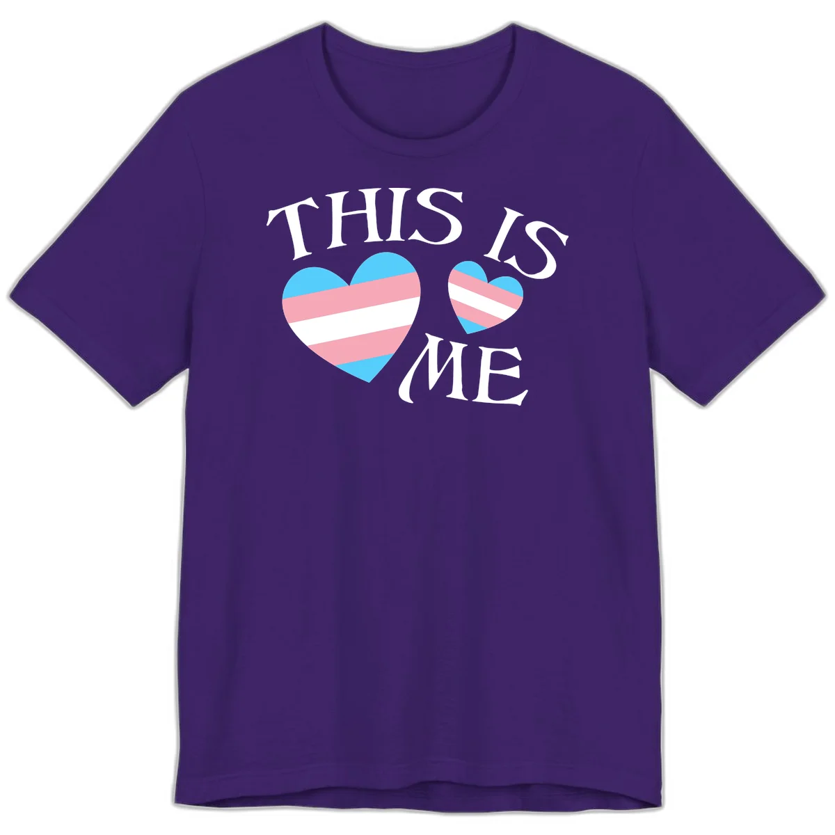 Two striped hearts in trans flag colors (blue, pink, white) with 'THIS IS ME' text celebrating trans pride and identity in Team Purple