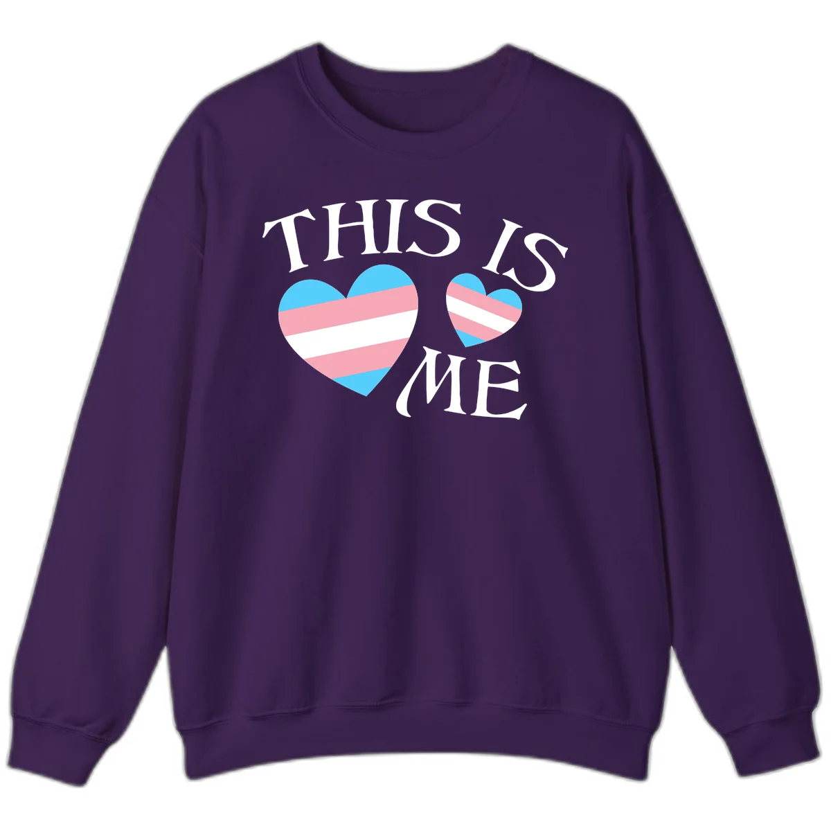 Two striped hearts in trans flag colors (blue, pink, white) with 'THIS IS ME' text celebrating trans pride and identity in Purple