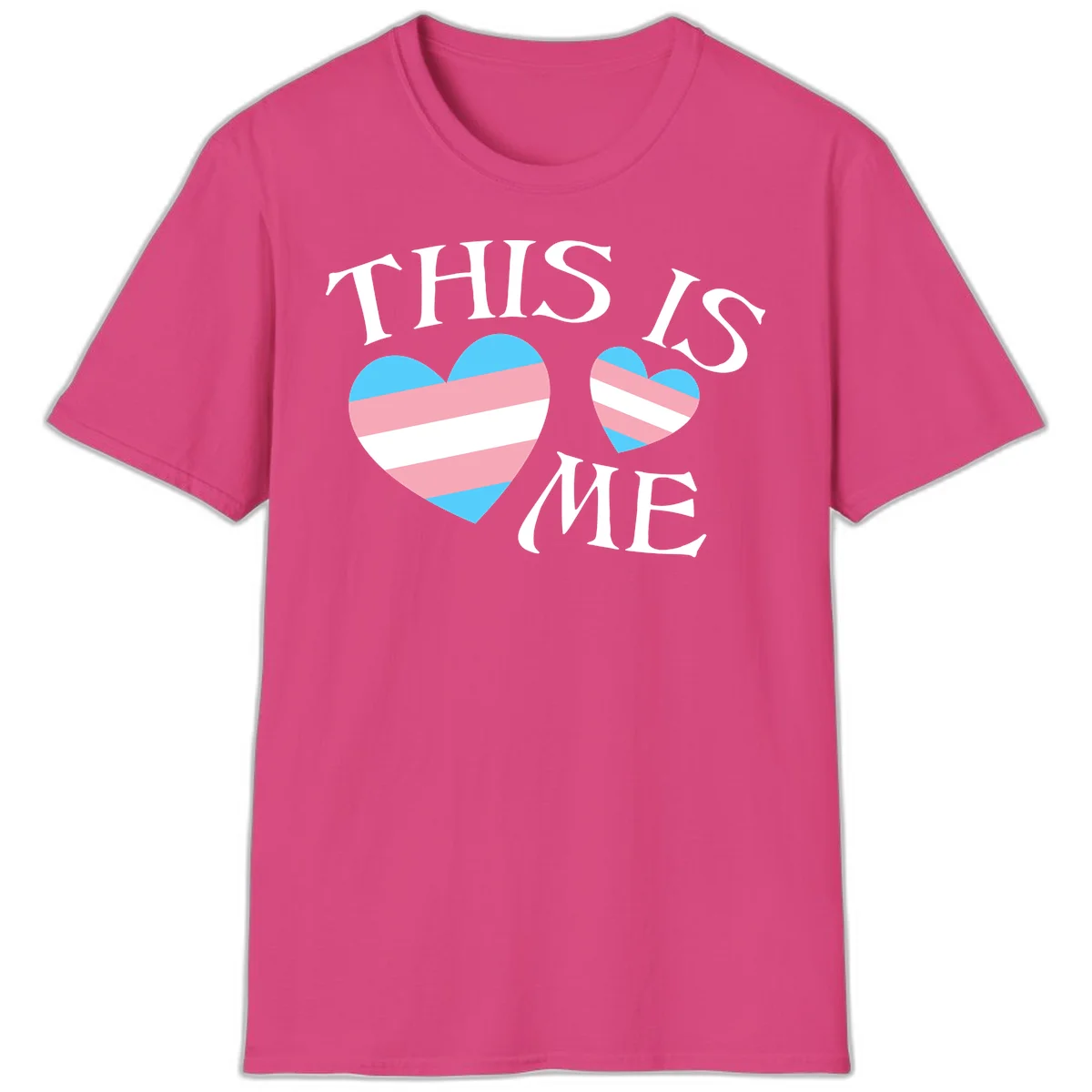 Two striped hearts in trans flag colors (blue, pink, white) with 'THIS IS ME' text celebrating trans pride and identity in Heliconia