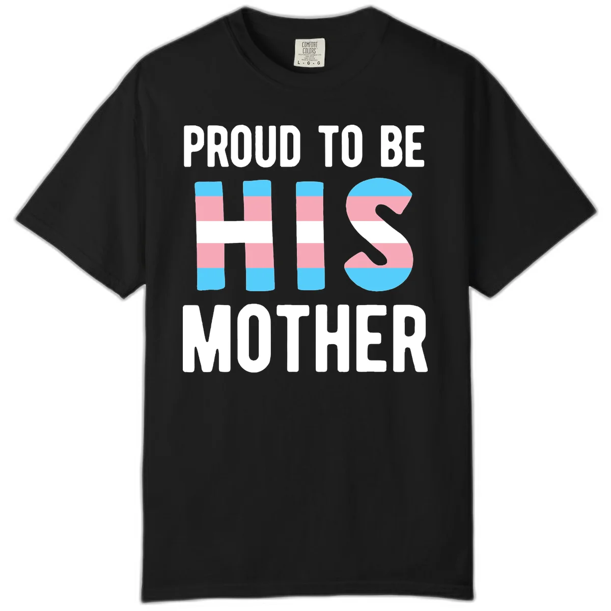 Proud trans mother design with blue, pink, and white striped cylinders and letter S featuring trans pride flag colors in Black