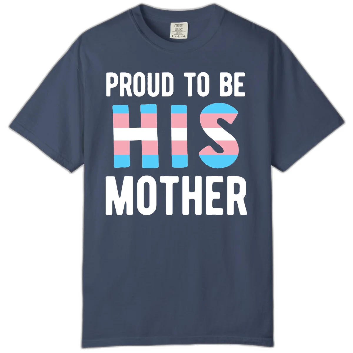Proud trans mother design with blue, pink, and white striped cylinders and letter S featuring trans pride flag colors in Midnight