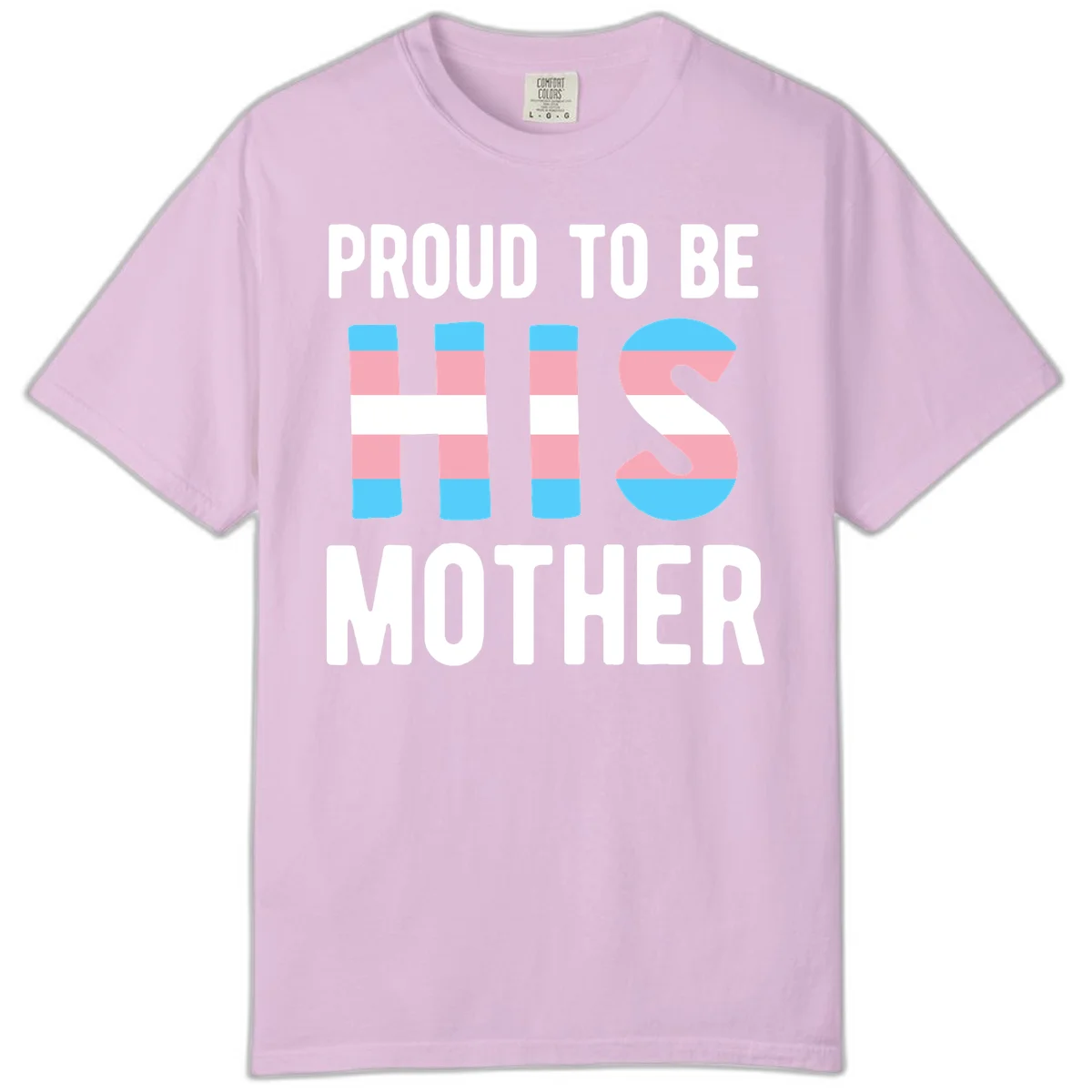 Proud trans mother design with blue, pink, and white striped cylinders and letter S featuring trans pride flag colors in Orchid
