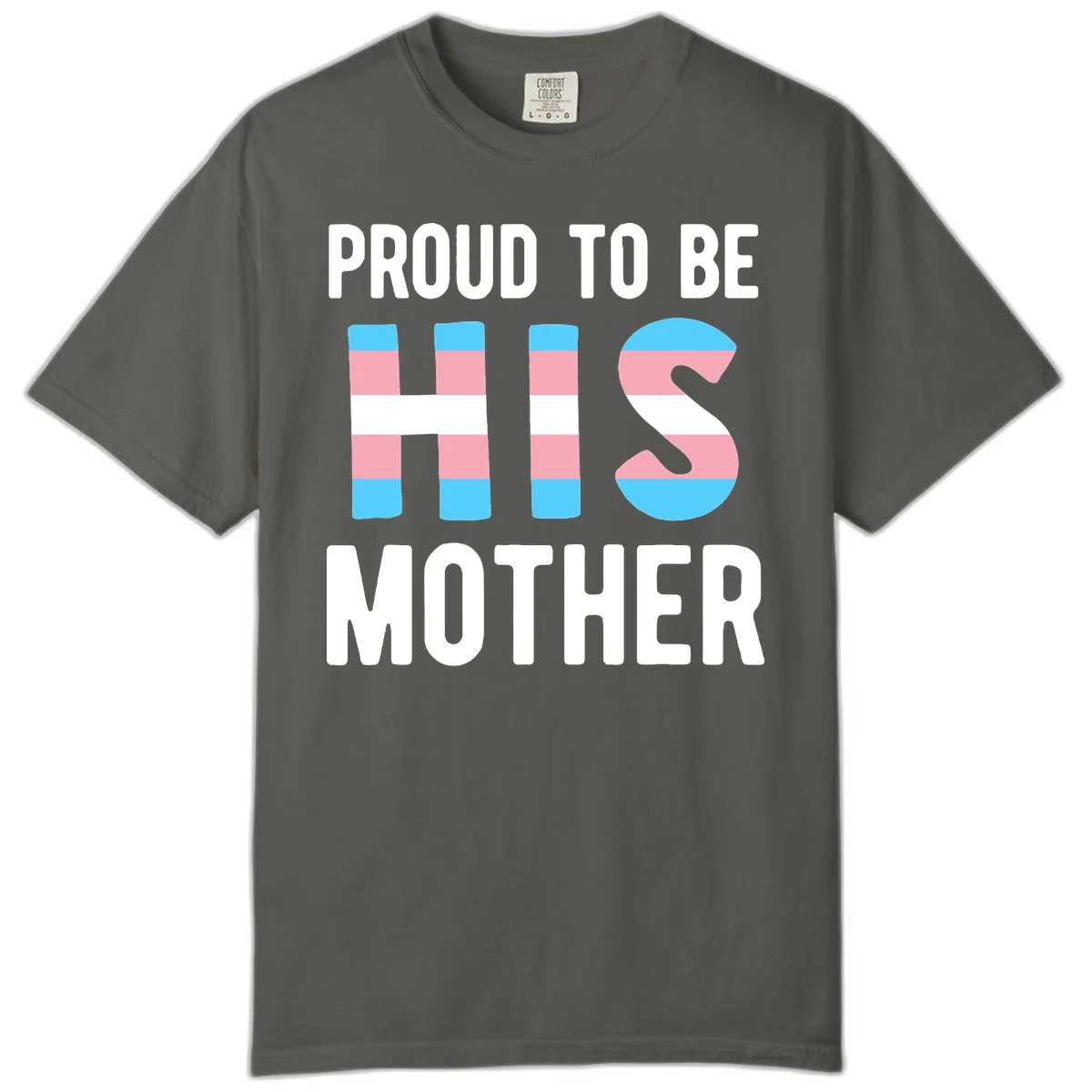 Proud trans mother design with blue, pink, and white striped cylinders and letter S featuring trans pride flag colors in Pepper
