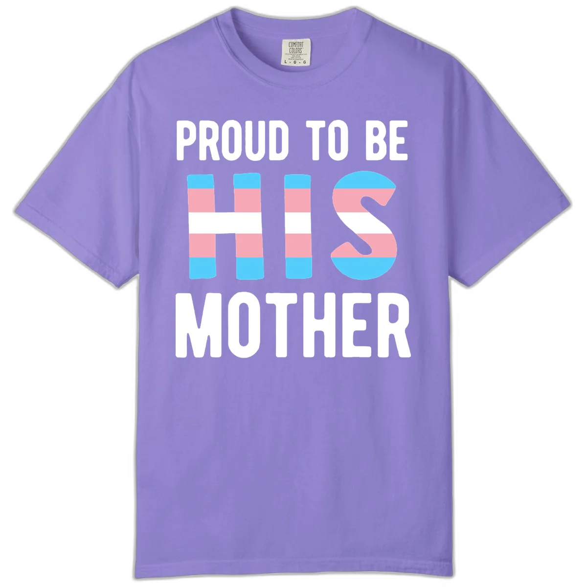 Proud trans mother design with blue, pink, and white striped cylinders and letter S featuring trans pride flag colors in Violet