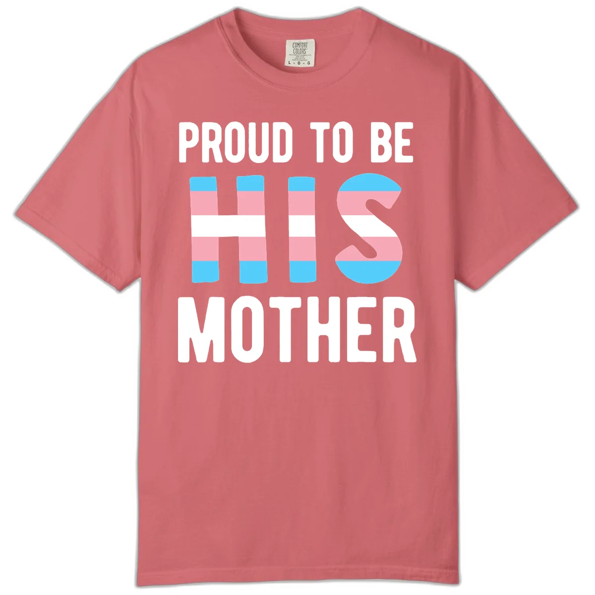 Proud trans mother design with blue, pink, and white striped cylinders and letter S featuring trans pride flag colors in Watermelon