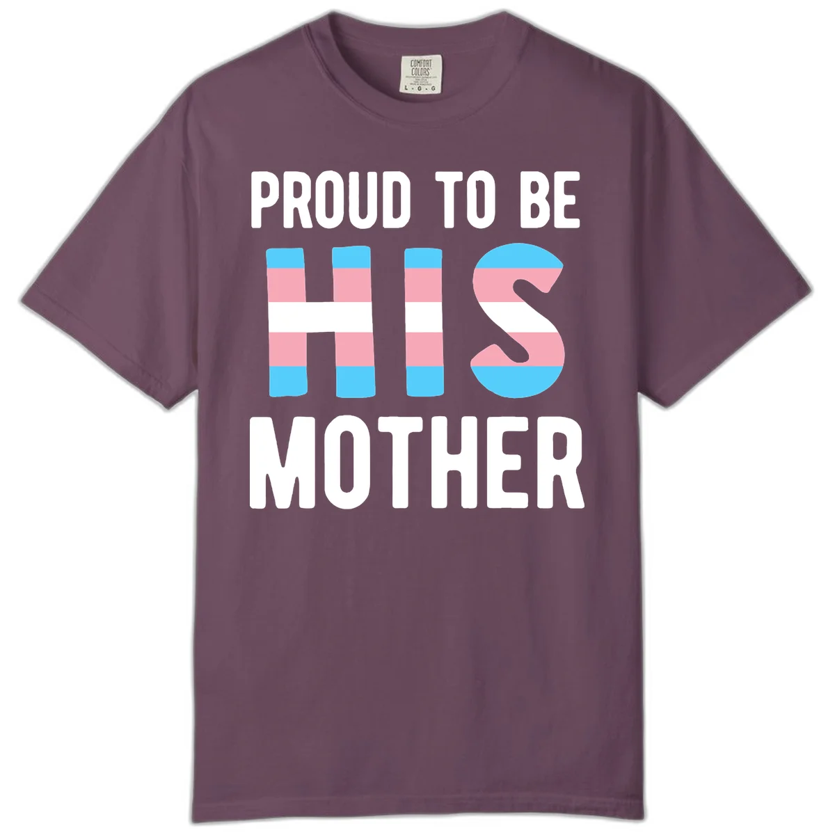 Proud trans mother design with blue, pink, and white striped cylinders and letter S featuring trans pride flag colors in Berry