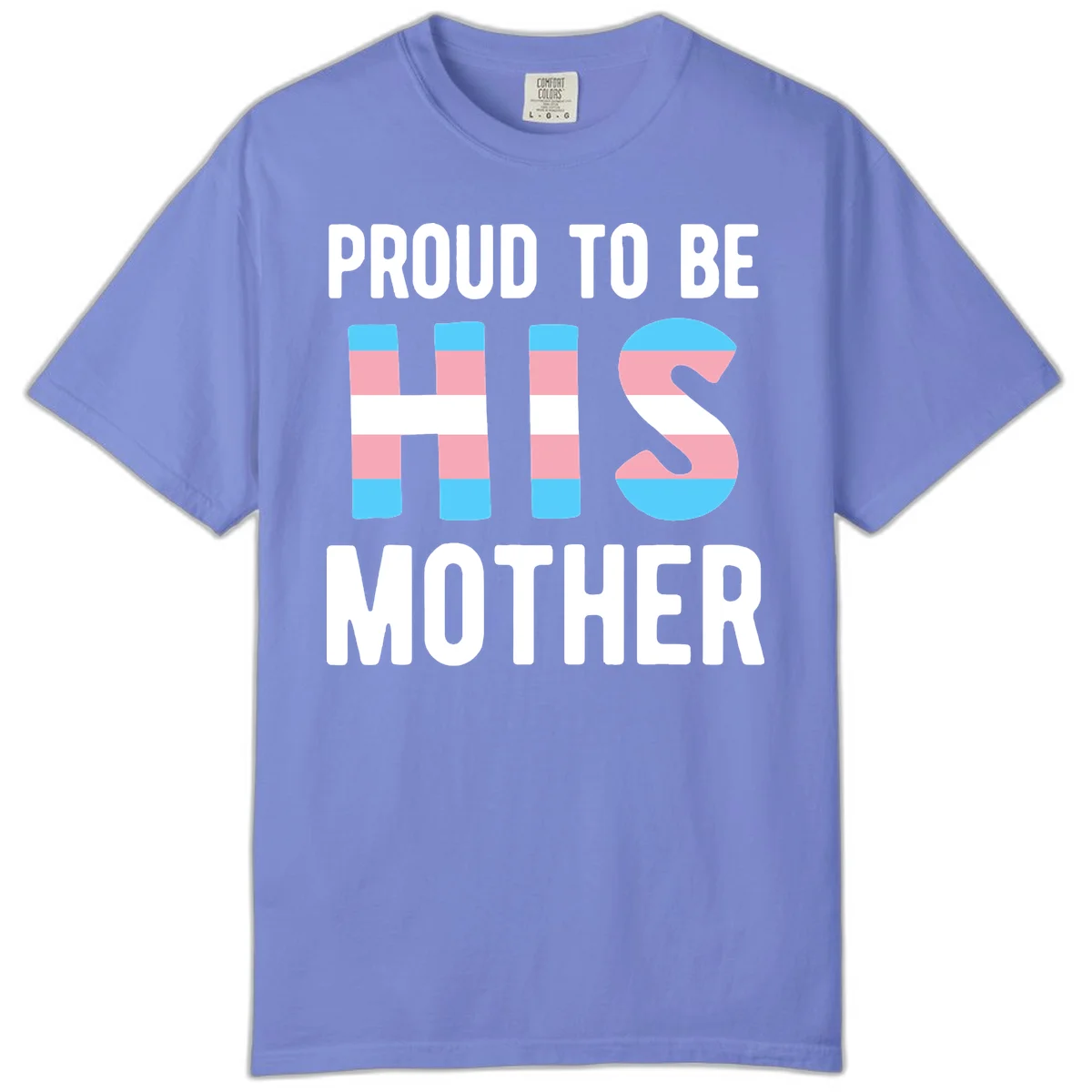 Proud trans mother design with blue, pink, and white striped cylinders and letter S featuring trans pride flag colors in Flo Blue