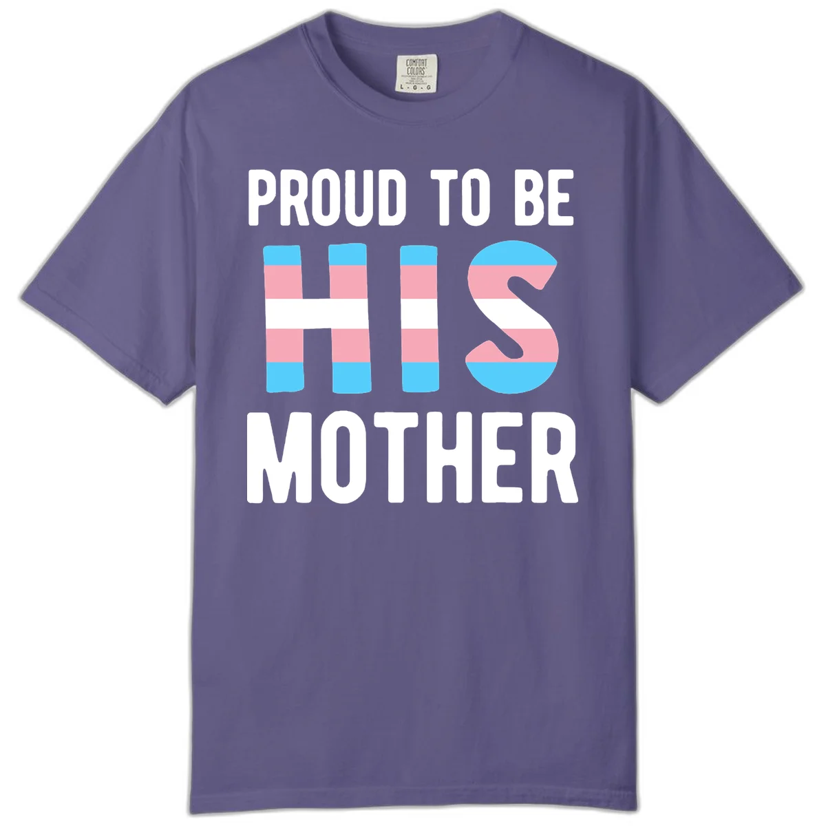 Proud trans mother design with blue, pink, and white striped cylinders and letter S featuring trans pride flag colors in Grape