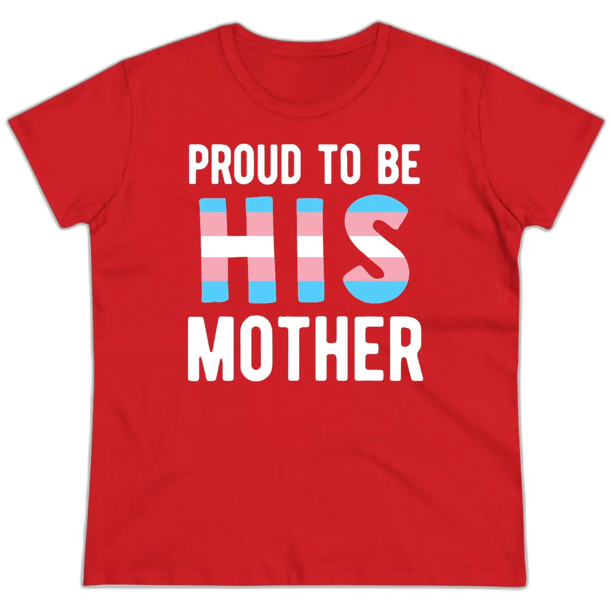 Proud trans mother design with blue, pink, and white striped cylinders and letter S featuring trans pride flag colors in Red