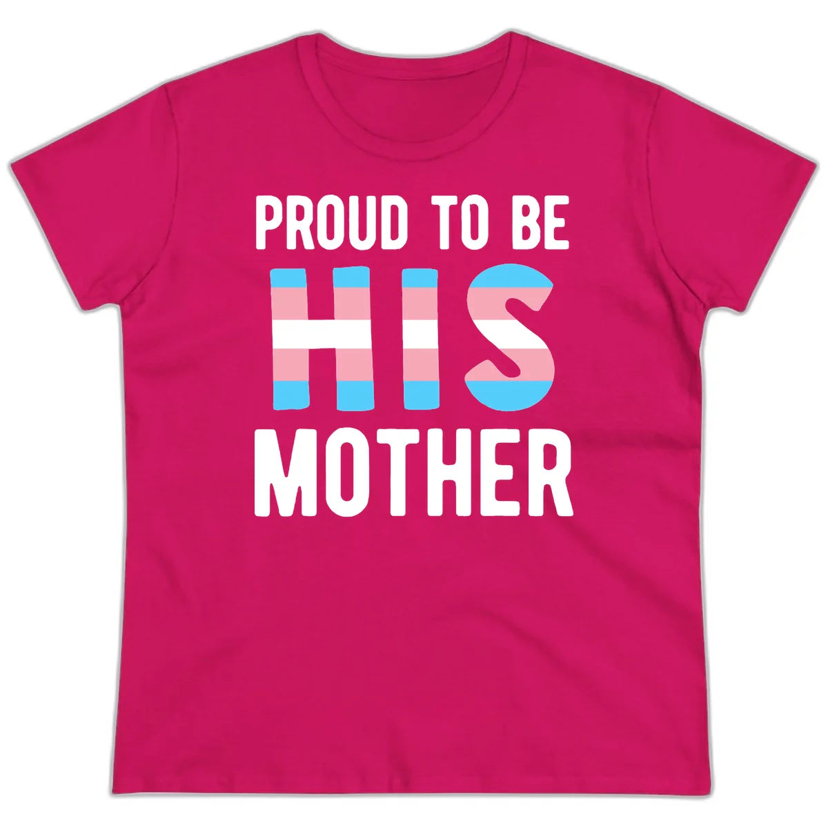 Proud trans mother design with blue, pink, and white striped cylinders and letter S featuring trans pride flag colors in Heliconia