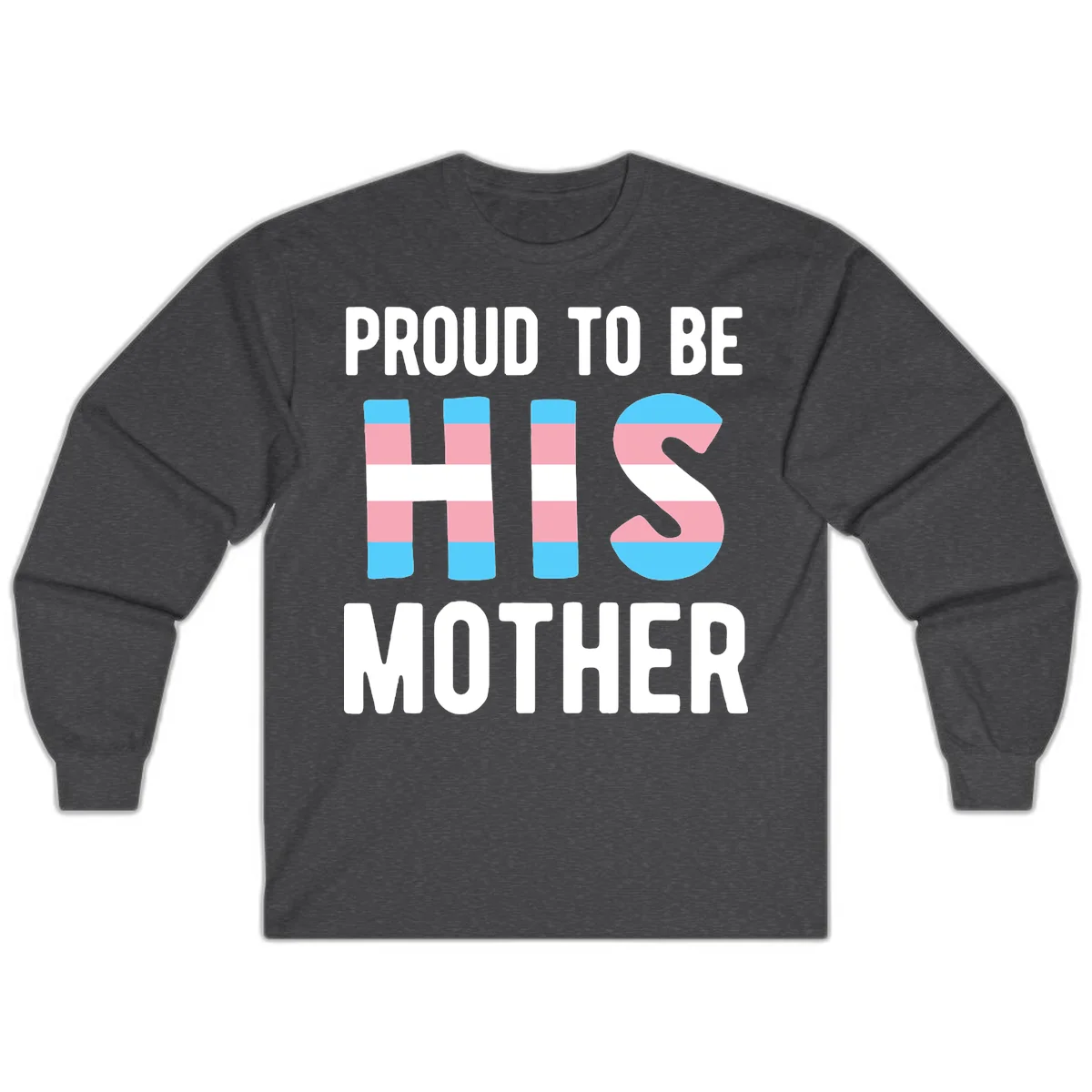 Proud trans mother design with blue, pink, and white striped cylinders and letter S featuring trans pride flag colors in Dark Heather