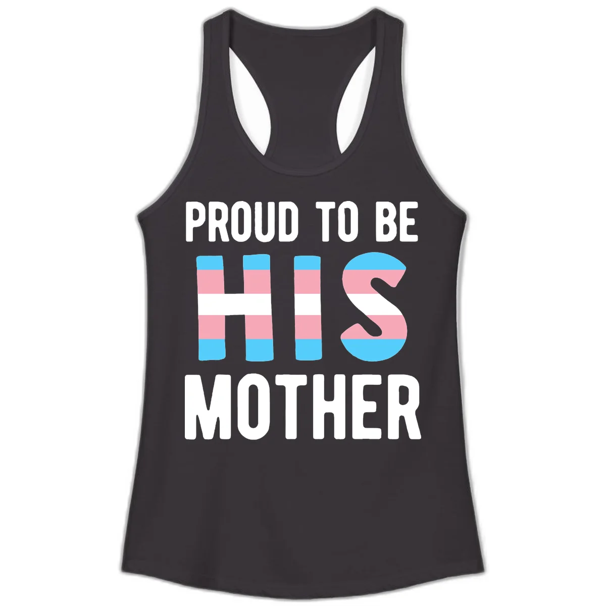Proud trans mother design with blue, pink, and white striped cylinders and letter S featuring trans pride flag colors in Black