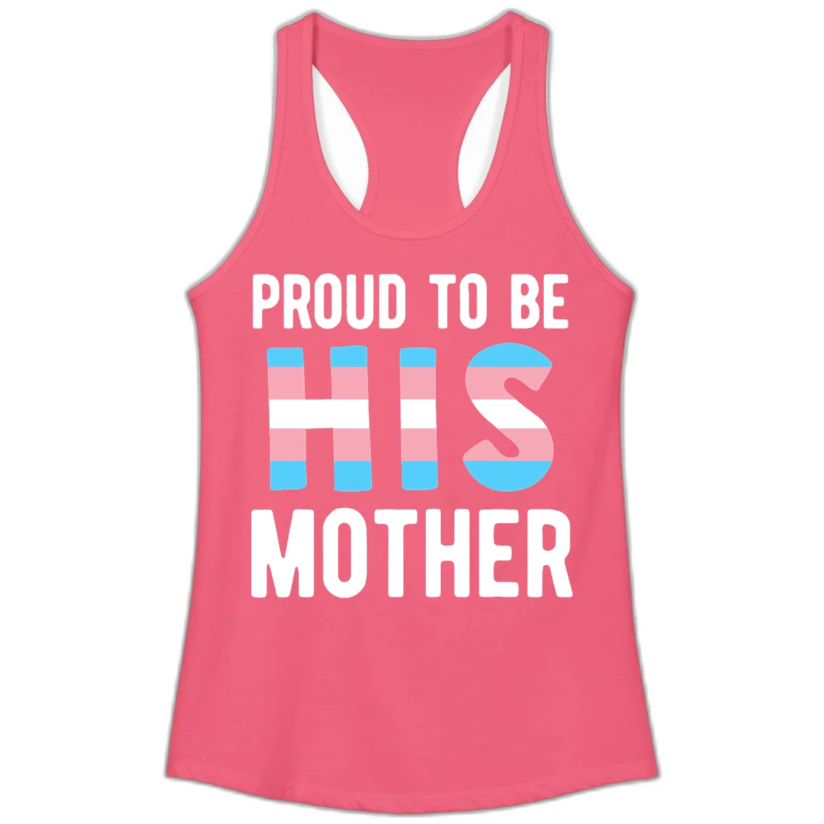 Proud trans mother design with blue, pink, and white striped cylinders and letter S featuring trans pride flag colors in Hot Pink