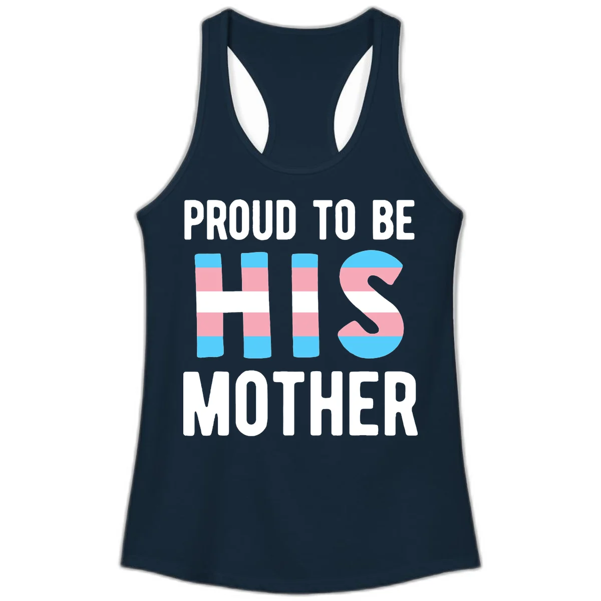 Proud trans mother design with blue, pink, and white striped cylinders and letter S featuring trans pride flag colors in Solid Midnight Navy