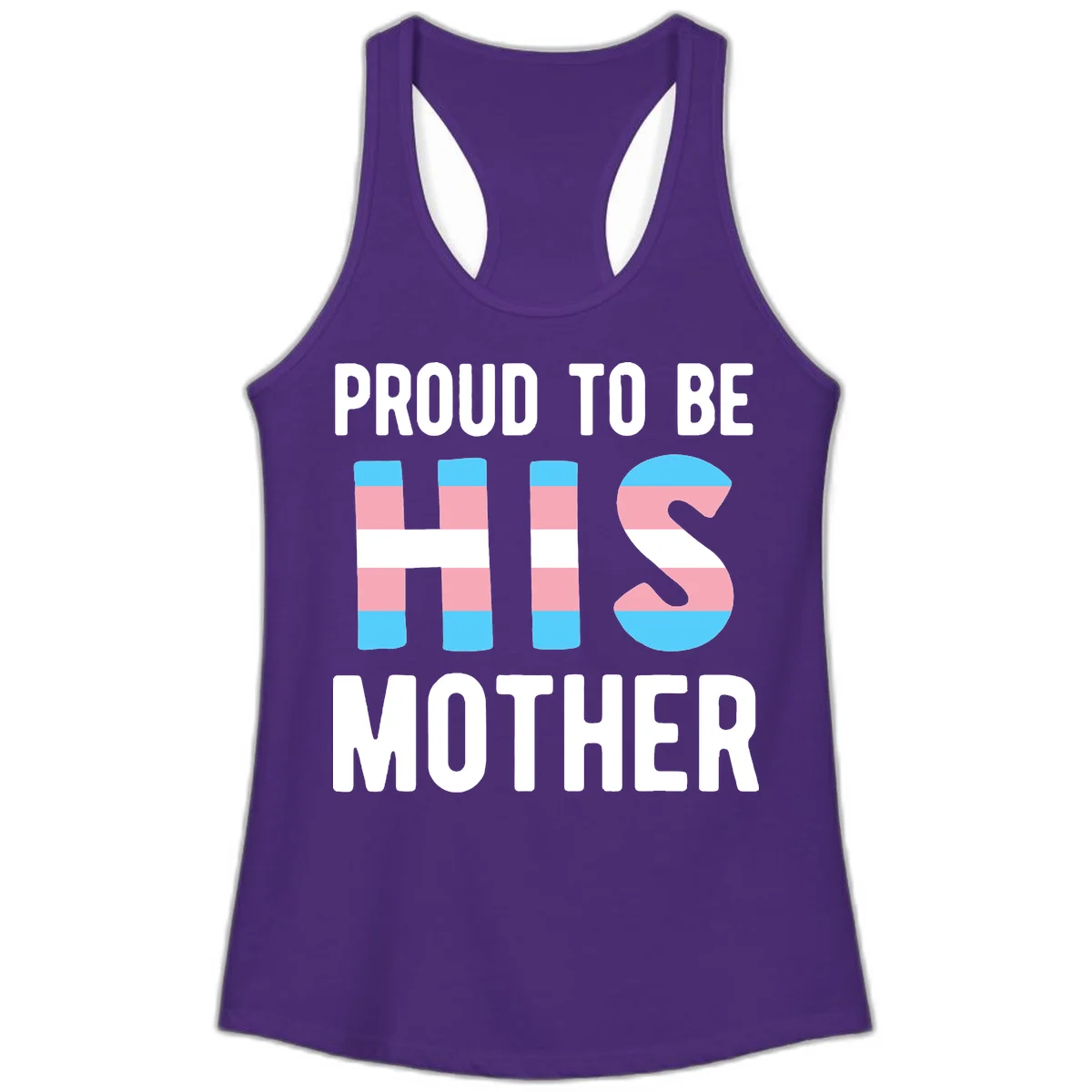 Proud trans mother design with blue, pink, and white striped cylinders and letter S featuring trans pride flag colors in Solid Purple Rush